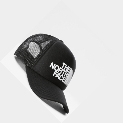 Men's The North Face TNF Logo Trucker Caps Black White | US853WCLF