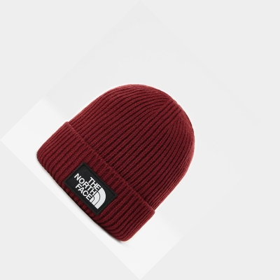 Women's The North Face TNF Logo Box Cuffed Beanies Dark Red | US346DOSZ